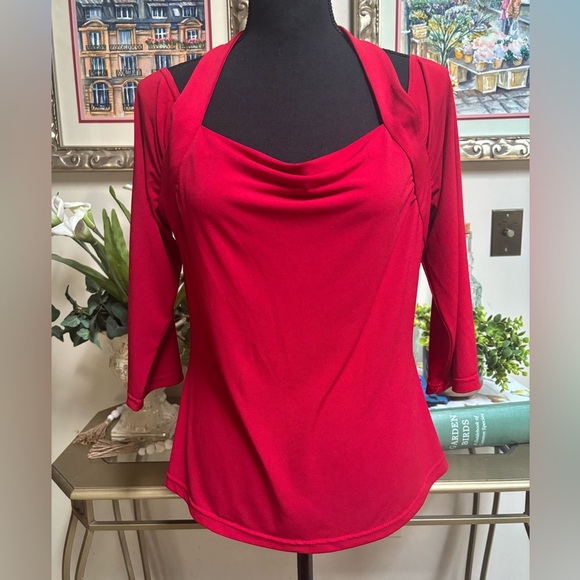 JOSEPH RIBKOFF Red Off The Shoulder Halter Style Blouse Drape Neck Top Sz 16 - Picture 2 of 11